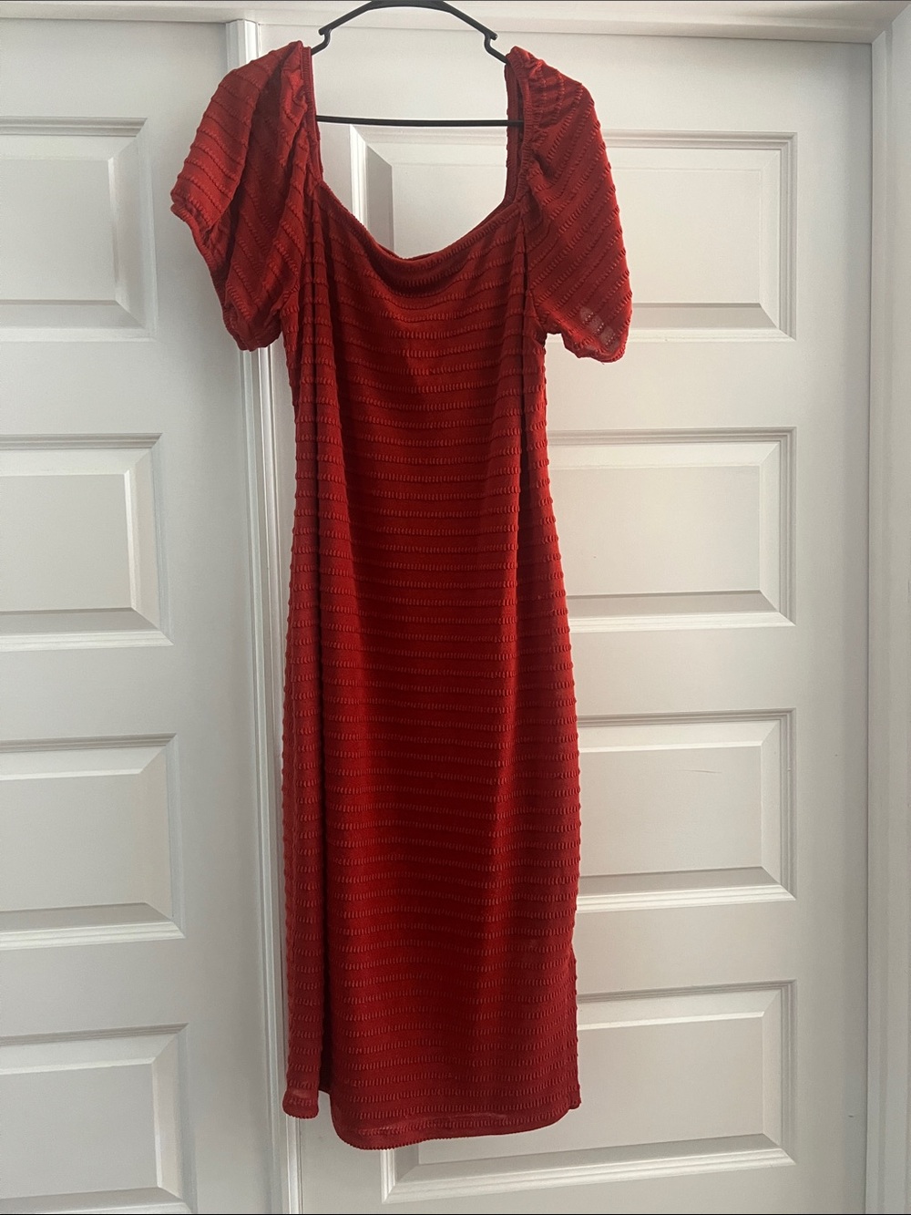 Rewind Red Puff-Sleeve Knit Midi Dress